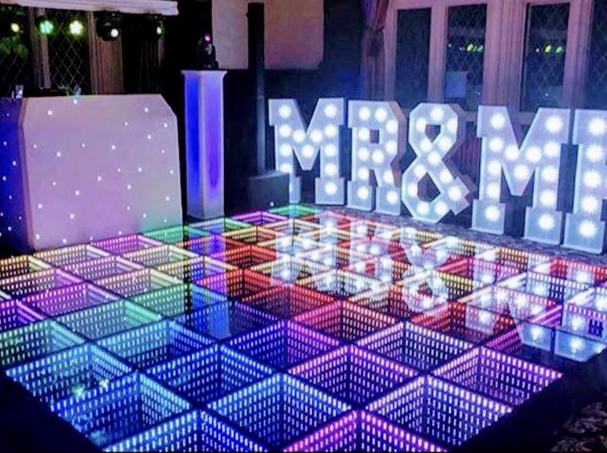 Dance Floors / Big Letters In Lights / Star Light DJ Box / Professional Speakers .. WE R DJS cater for everything.
