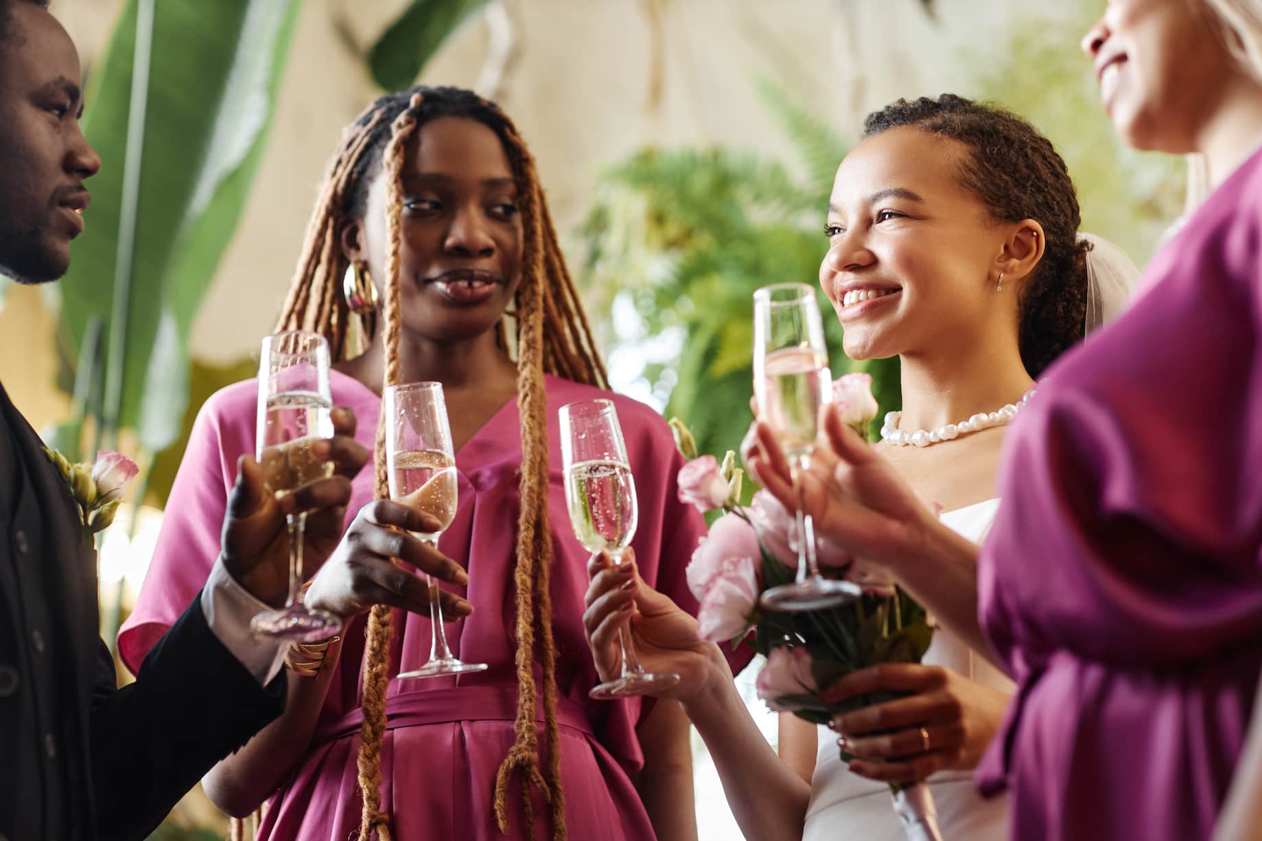 A group of four people, including a bride holding a bouquet of flowers, celebrating with champagne glasses in a festive setting.